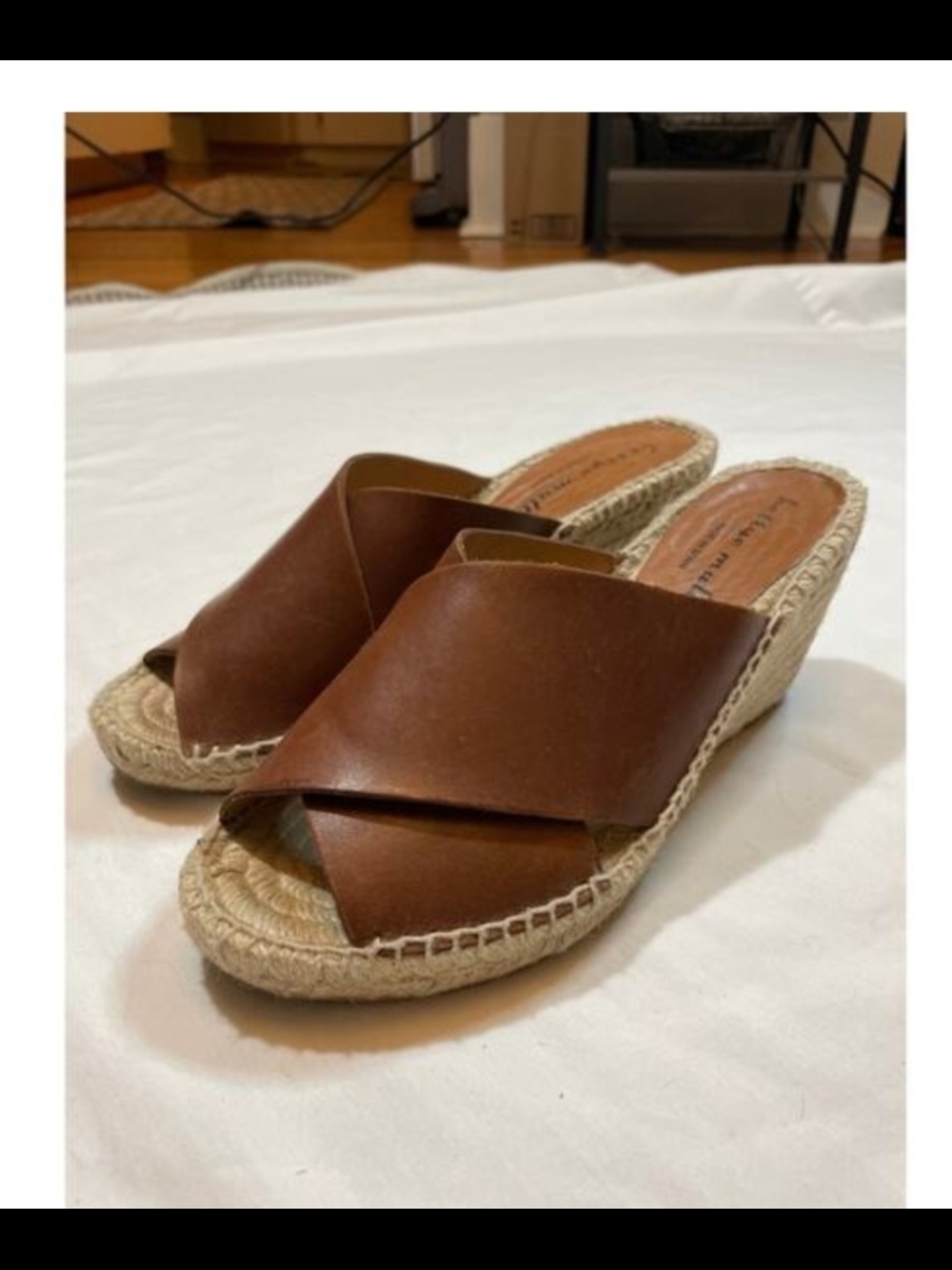 Bettye Muller Brown Leather Espadrille Wedge Slide on Sandals, Size 37 (7 US)
